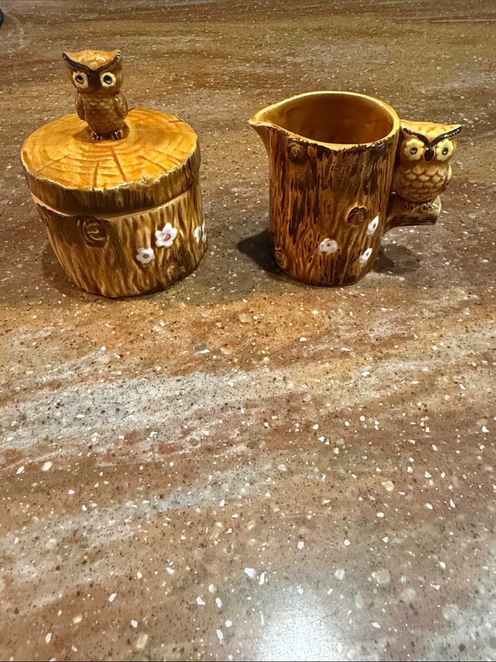 Owl-Handled Ceramic Creamer & Sugar Jar in Golden Brown